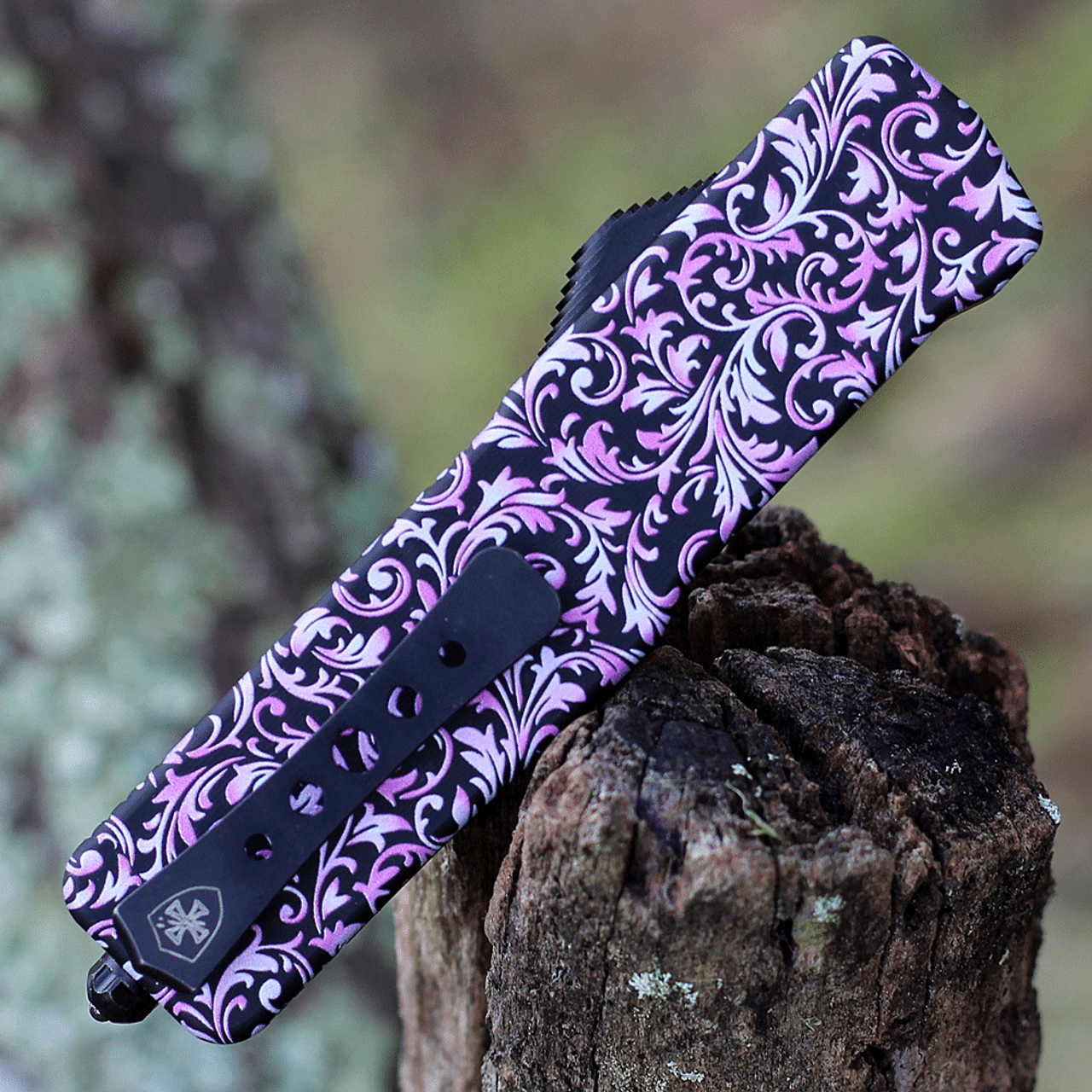 Templar Knife Premium Lightweight Series - Small OTF Automatic (SA-PKF-22-1) - 3" Powder D2 Black SW Tanto, Aluminum Pink Fleur Handle