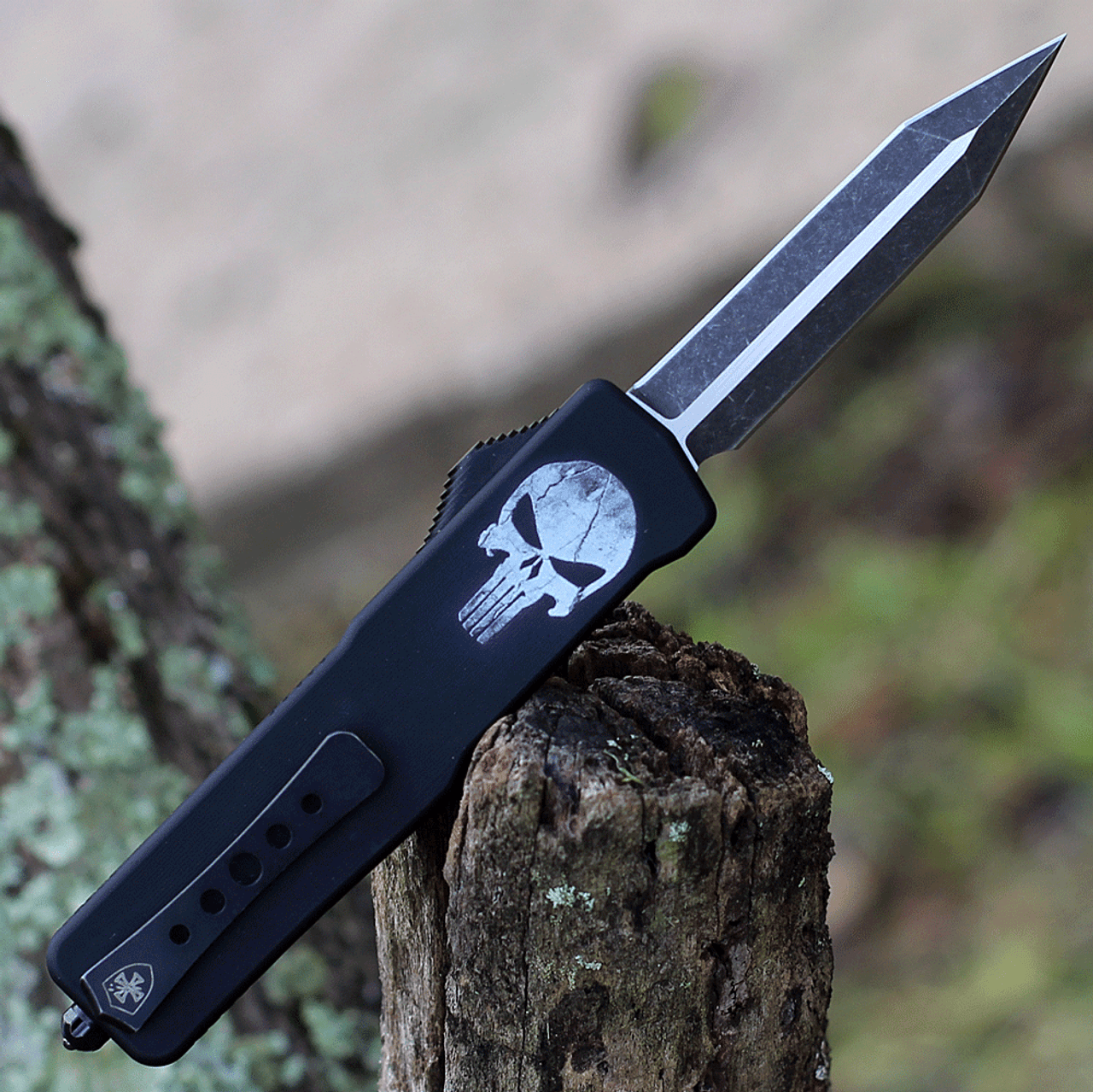 Templar Knife Premium Lightweight Series - Small OTF Automatic (SA-FL-12-1) - 3" Powder D2 Black SW Dagger, Aluminum Fallen Skull Handle