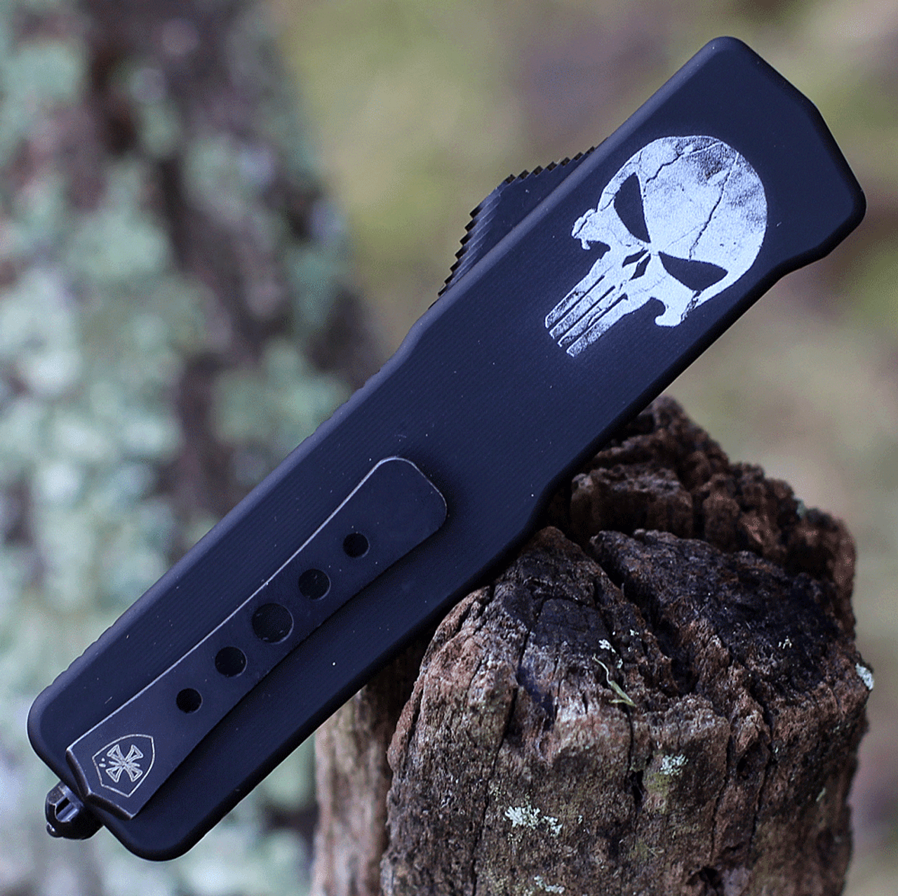 Templar Knife Premium Lightweight Series - Small OTF Automatic (SA-FL-12-1) - 3" Powder D2 Black SW Dagger, Aluminum Fallen Skull Handle