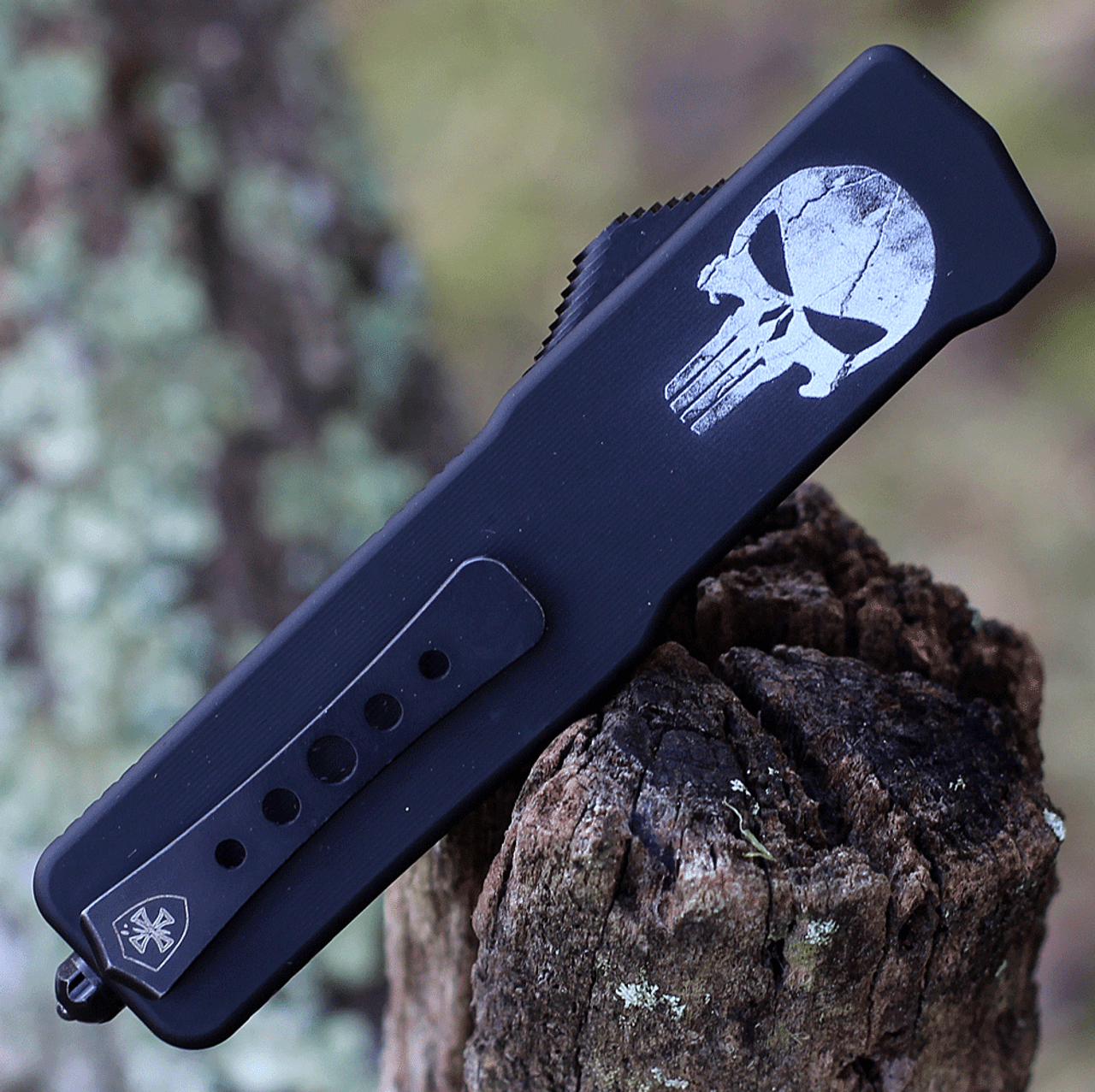Templar Knife Premium Lightweight Series - Small OTF Automatic (SA-FL-32-1) - 3" Powder D2 Black SW Drop Point, Aluminum Fallen Skull Handle