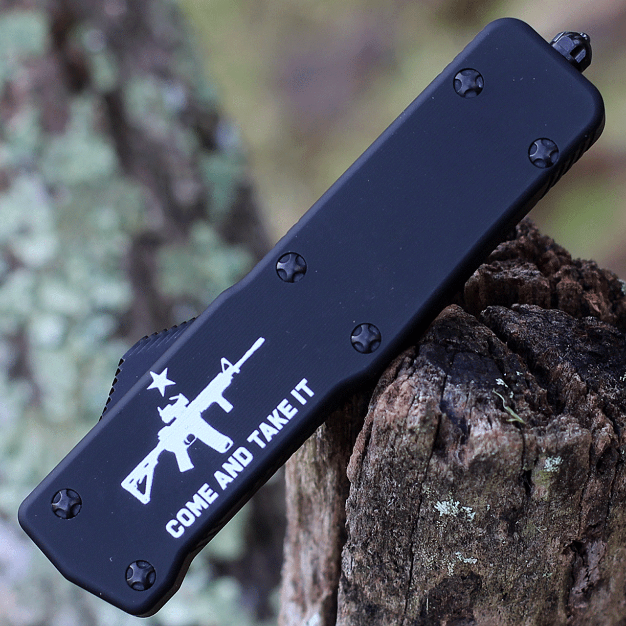Templar Premium Lightweight Series - Small OTF Automatic (SA-AR15-12-1) - 3.00" Powder D2 Black Stonewashed Dagger, Black Aluminum "Come And Take It" W/ AR15 Handle