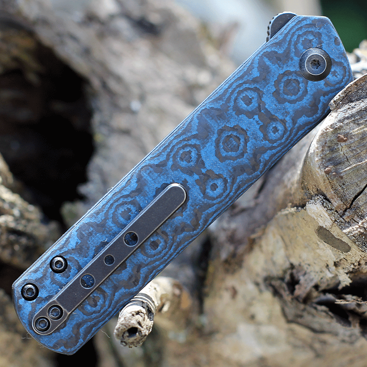 Kansept Foosa (KT2020T7) 3.06" 154CM Black TiCn Coated Tanto Plain Blade, Blue/Black Rose Carbon Fiber Handle