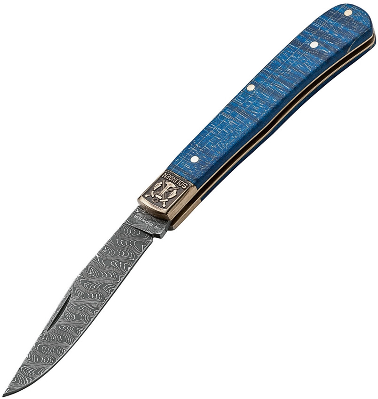 Boker Solingen Trapper Uno - 2021 Annual Damascus Collector's Knife (1132021DAM) 3.27" Damascus Clip Point Plain Blade, Blue Curly Maple Handle