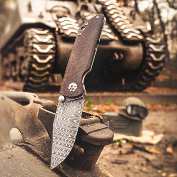 Boker M4 Sherman 110662DAM 3.03" Chad Nichols Ladder Damascus clip point, black Micarta