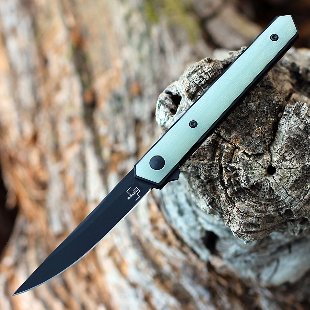 Boker Plus Kwaiken Air MINI (01BO331) 3.07" VG-10 Black Trailing Point Blade, Jade G-10 Handles