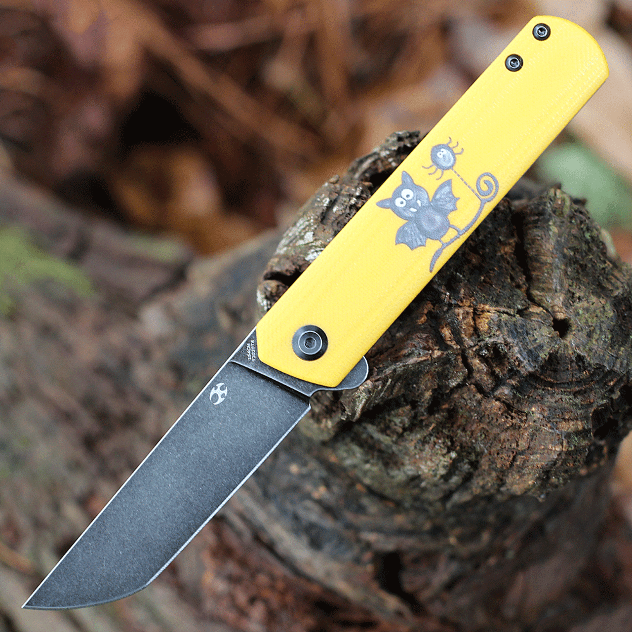 Kansept Knives Foosa (KT2020T8) 3.06" 154CM Black TiCn Coated Tanto Plain Blade, Yellow G-10 Handle with Bat Print