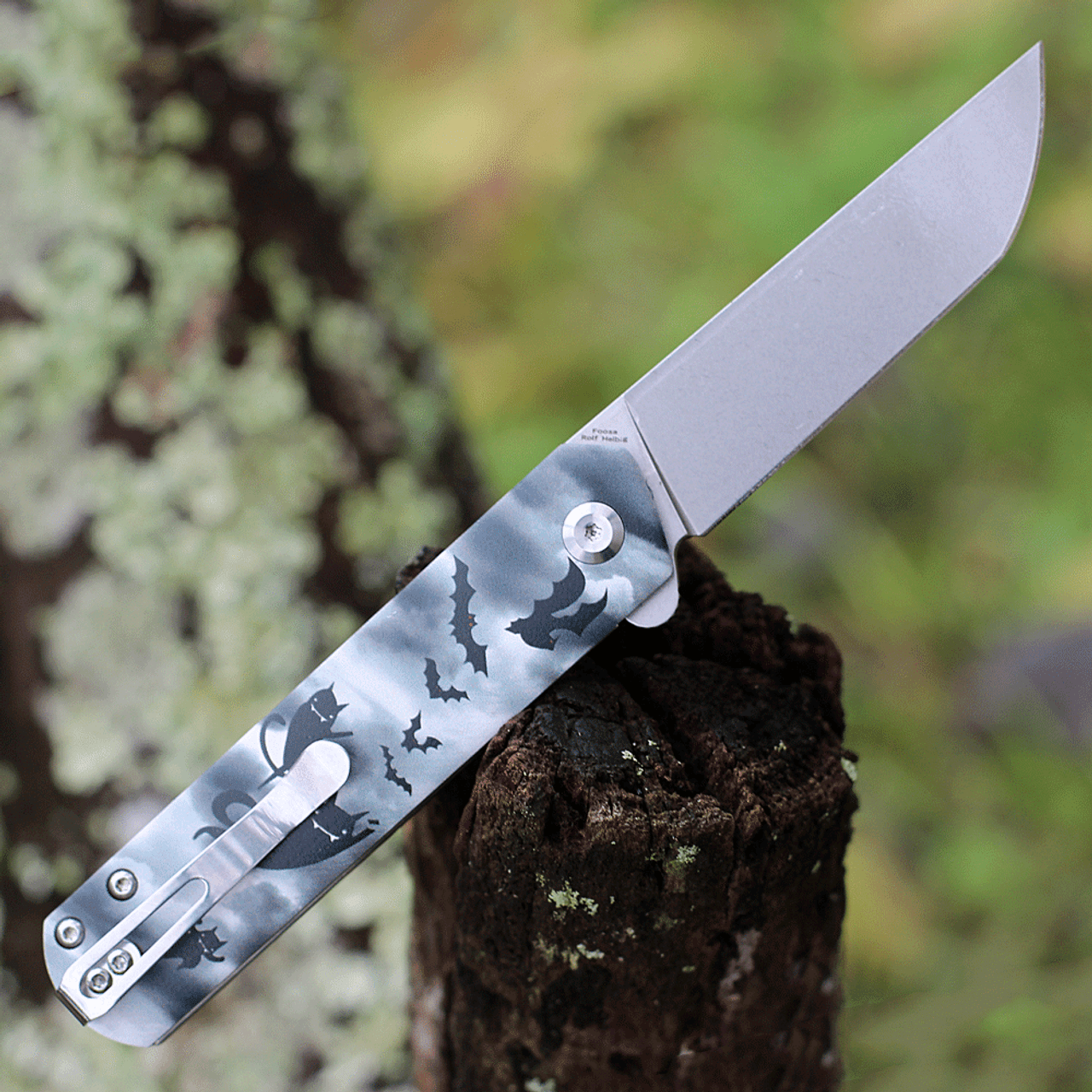 Kansept Knives Foosa (KX2020T4) 3.06" 154CM Stonewashed Tanto Plain Blade, Black G10 Handle with Phantom Cat