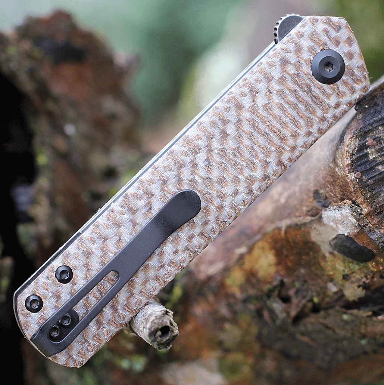 Kansept Knives Foosa (KX2020T2) 3.06" 154CM Black TiCn Coated Tanto Plain Blade, Plaid Brown Micarta Handle