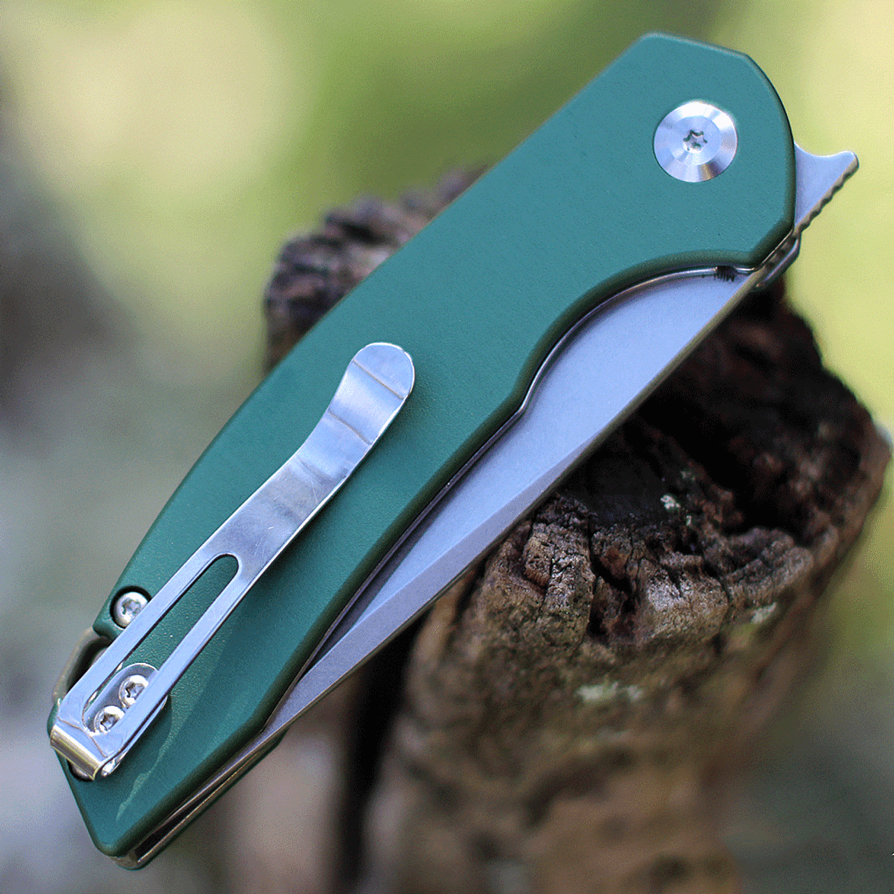 Kansept Knives Mini Accipiter (KT2007A4) 2.9" 154CM Black TiCn Coated Drop Point Plain Blade, Green Aluminum Handle
