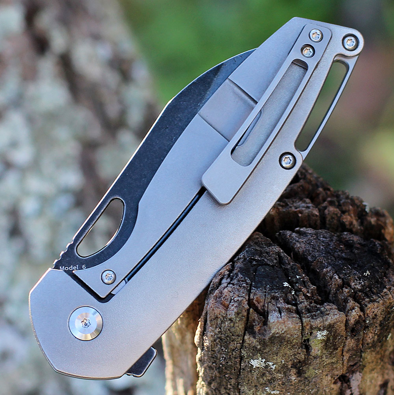 Kansept Model 6 (K1022A2) - 3.1" M390 Black TiCn Coated Wharncliffe Plain Blade, Gray + Black Titanium Handle