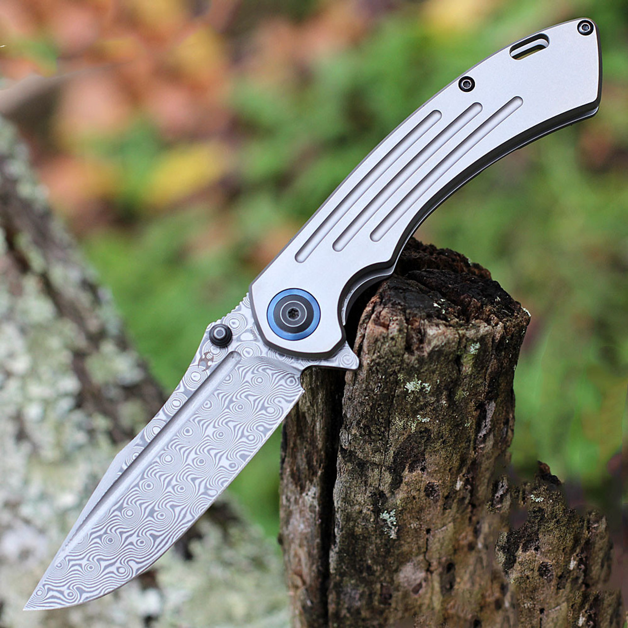 Kansept Pretatout (K1032D1) 3.56" Damascus Drop Point Plain Blade, Gray Titanium Handle