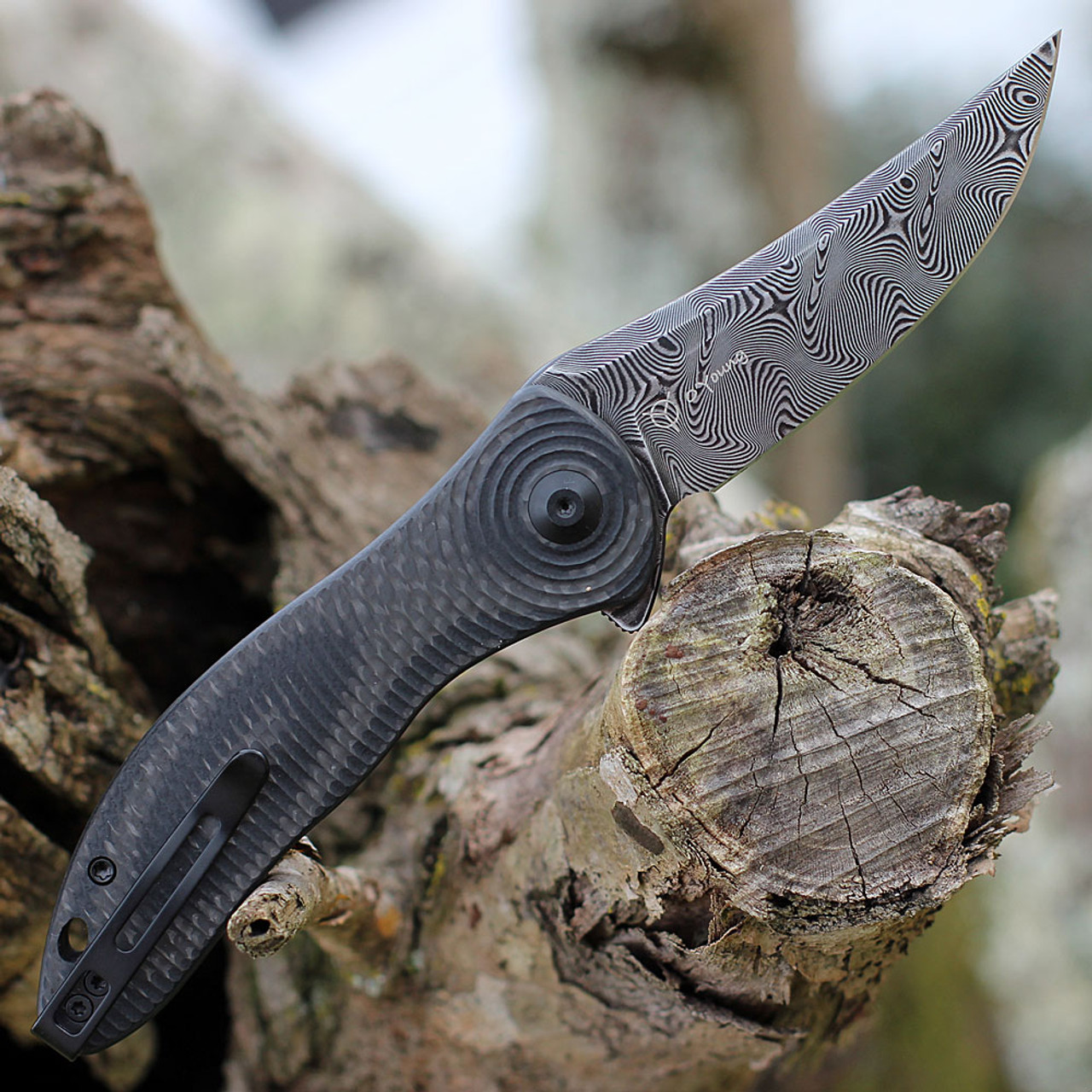 CIVIVI Synergy3 Folding Knife (C20075A-DS1)- 3.24" Damascus Trailing Point Blade, Layered Black G-10 with Twill Carbon Fiber Handle