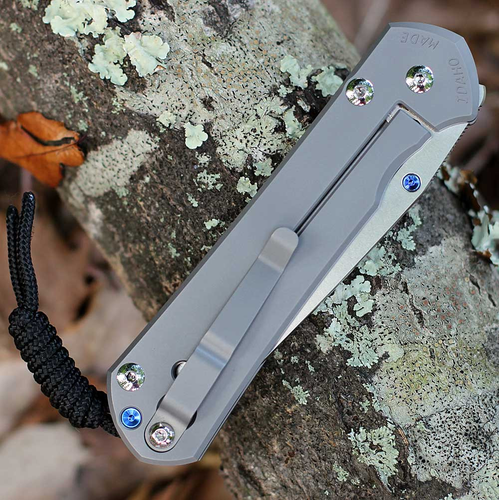 Chris Reeve Sebenza 31 Large Tanto L31-1687 showing glass-blasted titanium handle finish and offset clip.