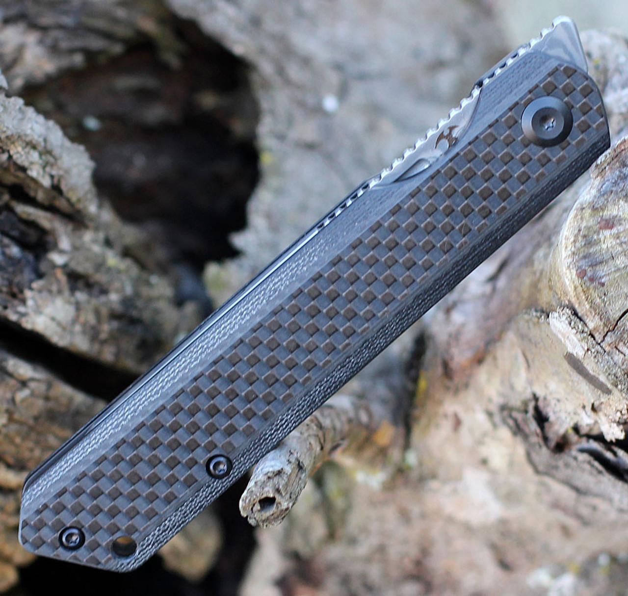 Kansept Knives Prickle (K1012D1) - 3.53" Damascus Tanto Plain Blade, Black SS/Carbon Fiber Handle