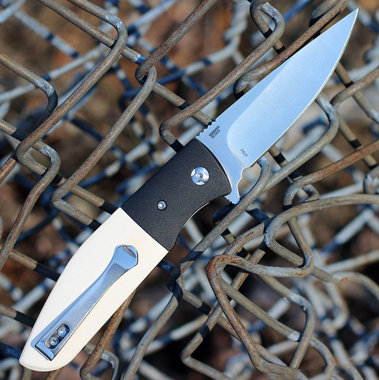 CRKT Curfew (CR2867) 3.12" 8Cr18MoV Satin Drop Point Plain Blade, White Resin Infused Fiber with Black Aluminum Bolster