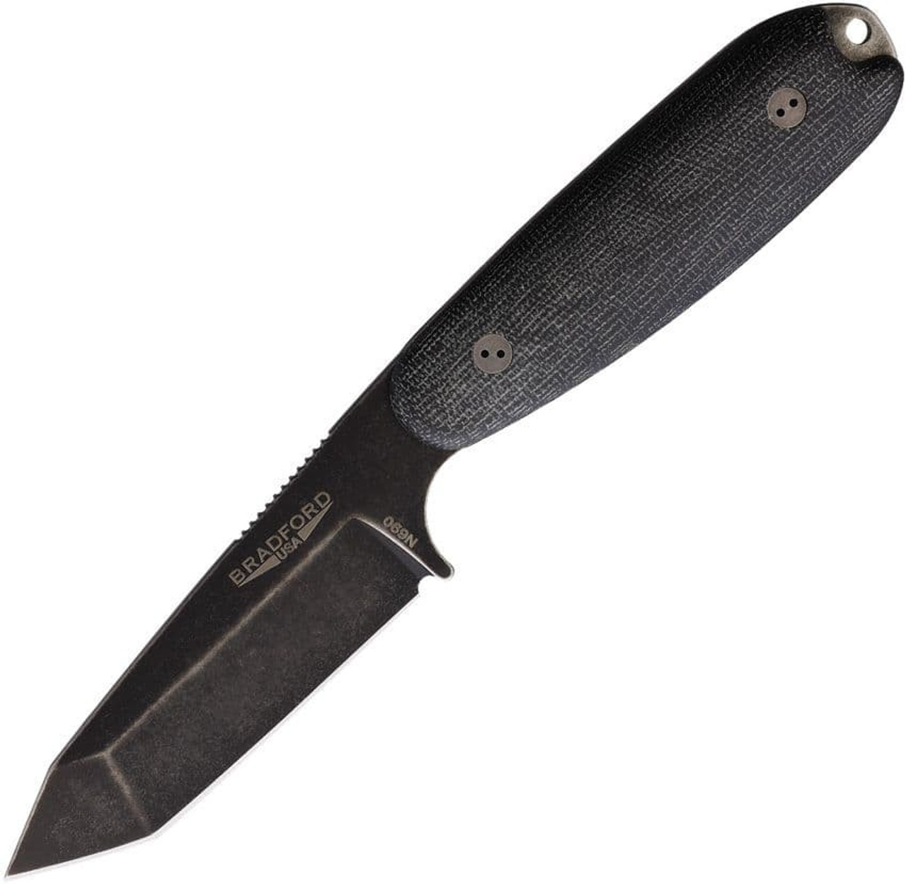 Bradford Guardian fixed blade knife with 3.75-inch black stonewash tanto blade, black canvas micarta handle, and leather belt sheath.