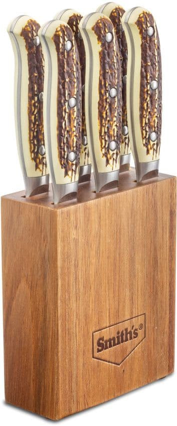 Smith's Sharpeners Cabin & Lodge Steak Set (51033) – 4.5" 420 Stainless Steel Hammered Drop Point Blades, Brown Stag Handles with Hardwood Block