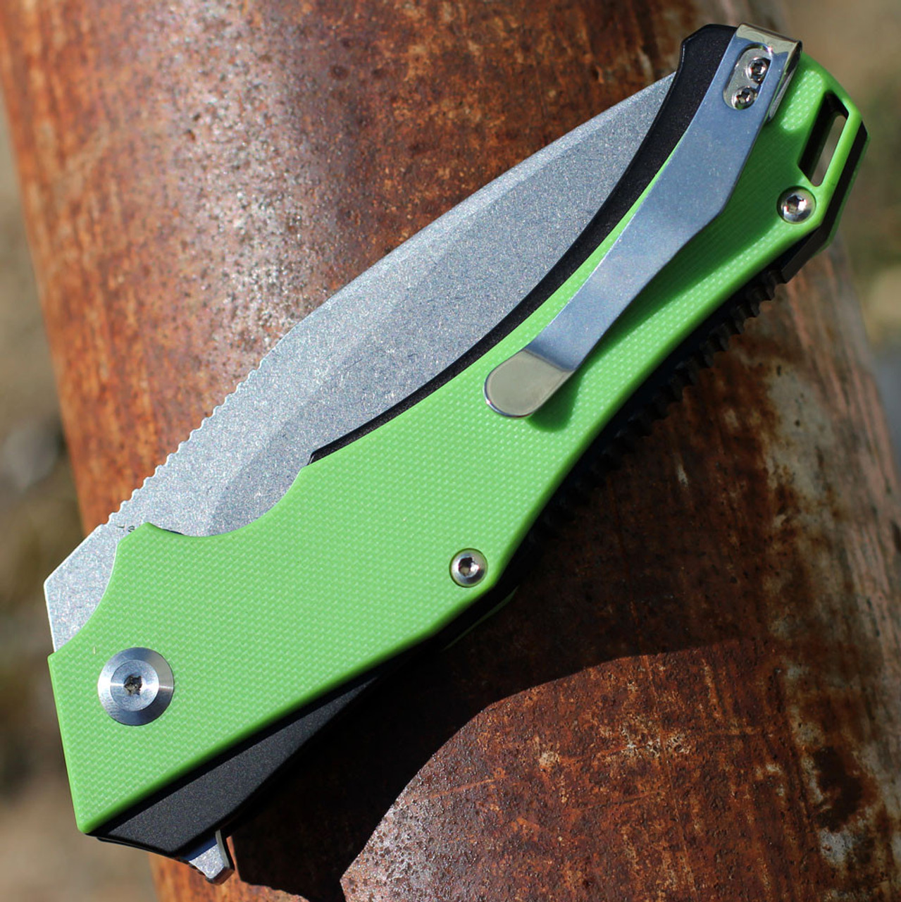 Kansept Hellx (KT1008A5) - 3.60" D2 Stonewashed Drop Point Plain Blade, Green G10+ Black Anodized Stainless Steel Handle