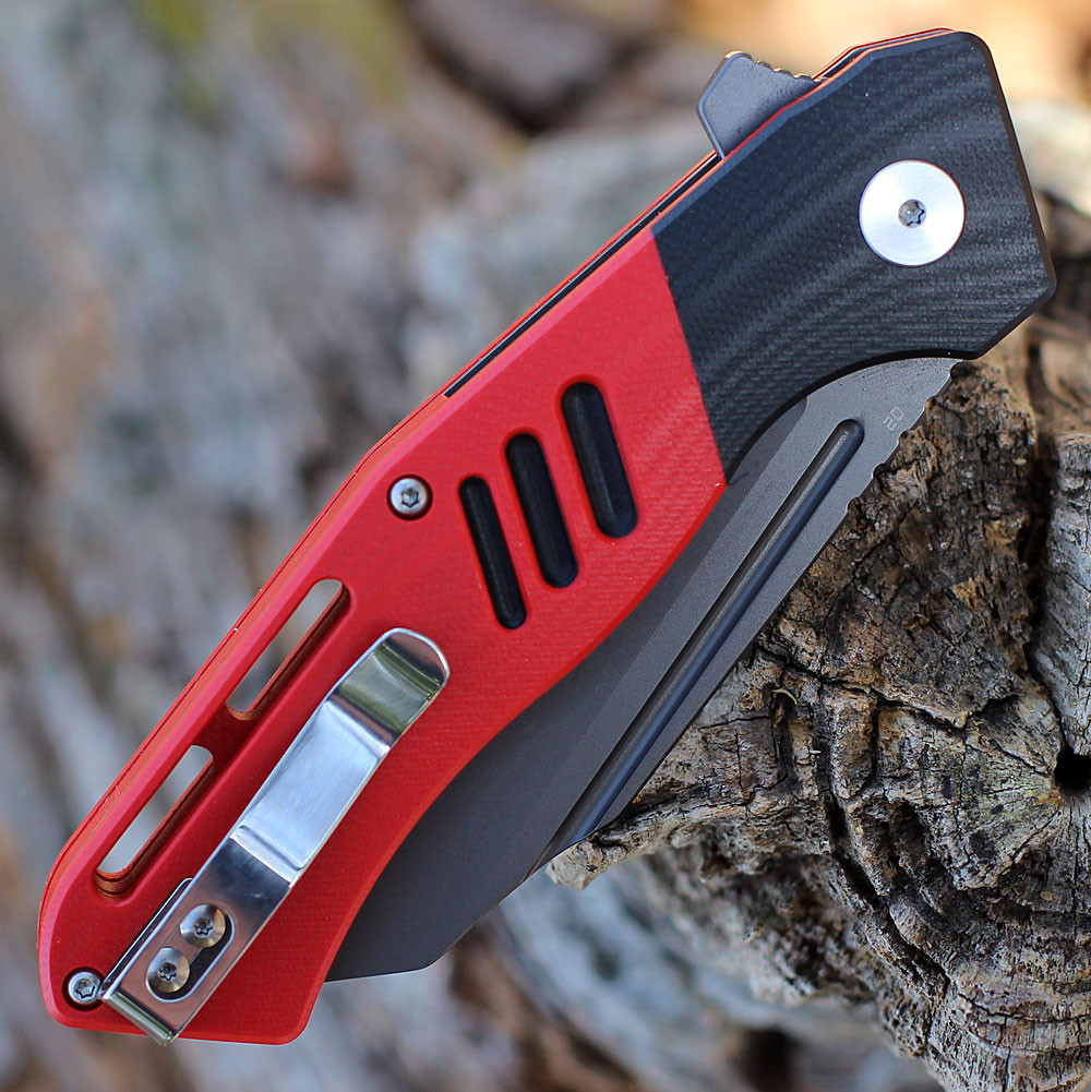 Bestech Rockface Folding Knife (BG46D) - 3.4" D2 Black Wharncliffe Blade, Red & Black G-10 Handle