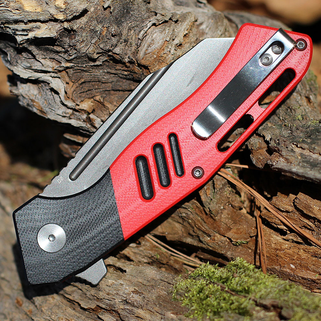 Bestech Rockface Folding Knife (BG46D) - 3.4" D2 Black Wharncliffe Blade, Red & Black G-10 Handle