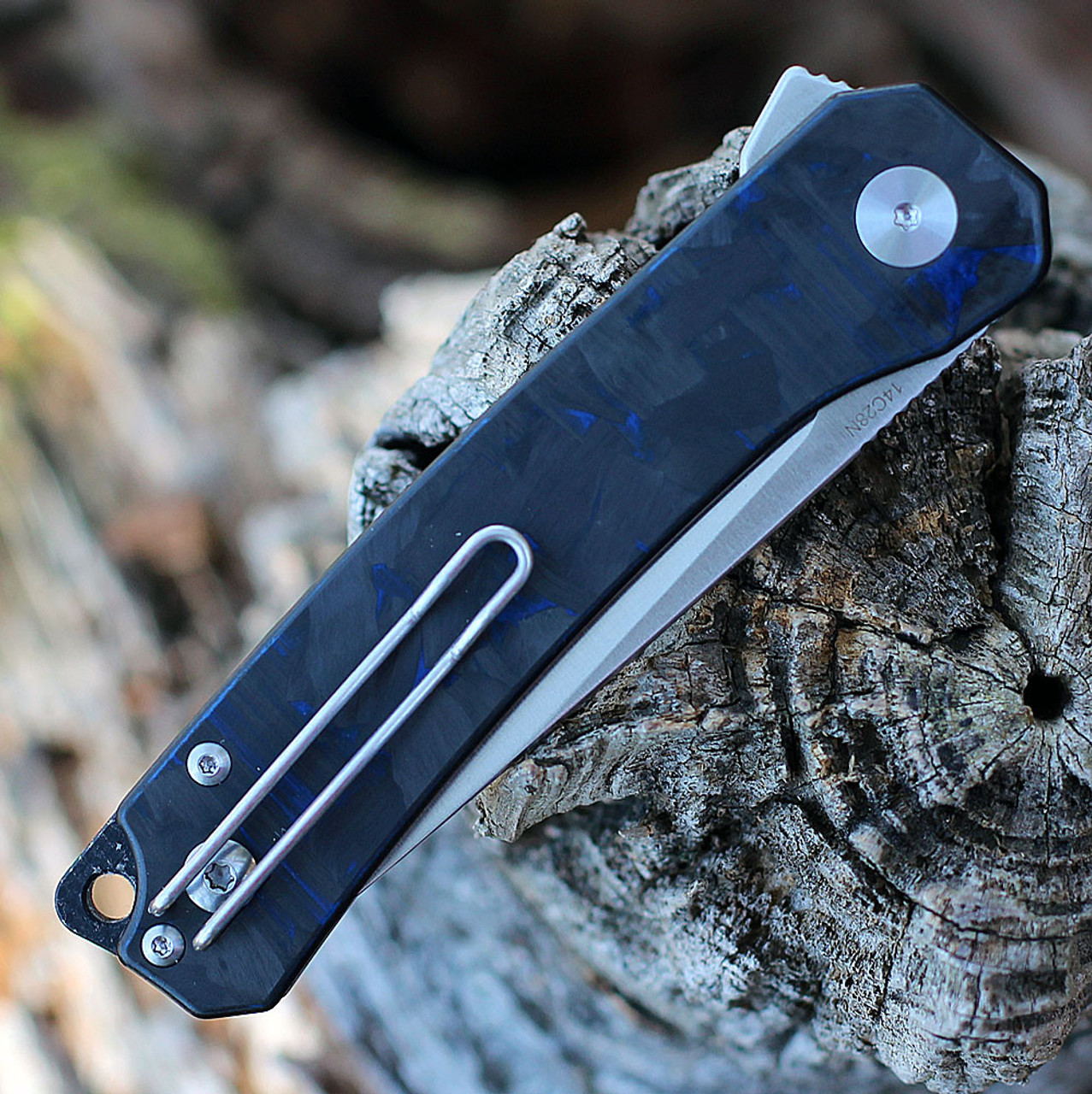 QSP Osprey (QS139G1) 3.25" 14C28N Satin Drop Point Plain Blade, Black and Blue G-10/CF Handle