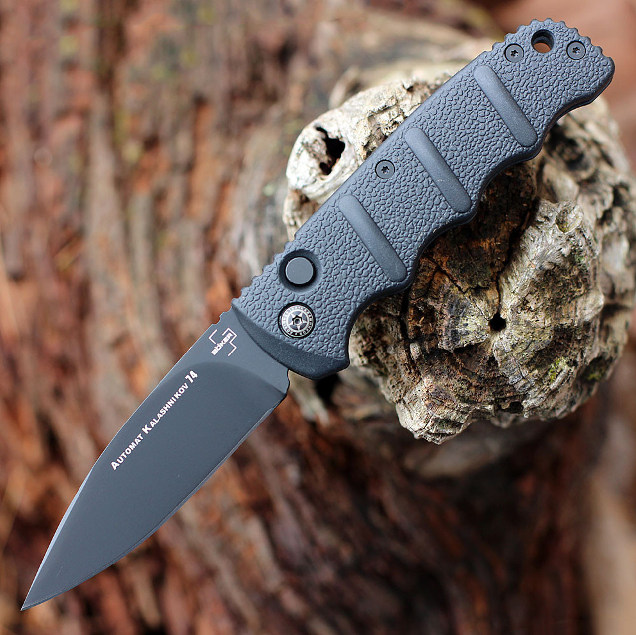 Boker Kalashnikov 74 Automatic (01KALS99N) 3.25" D2 Black Drop Point Plain Blade, Black Aluminum Handle