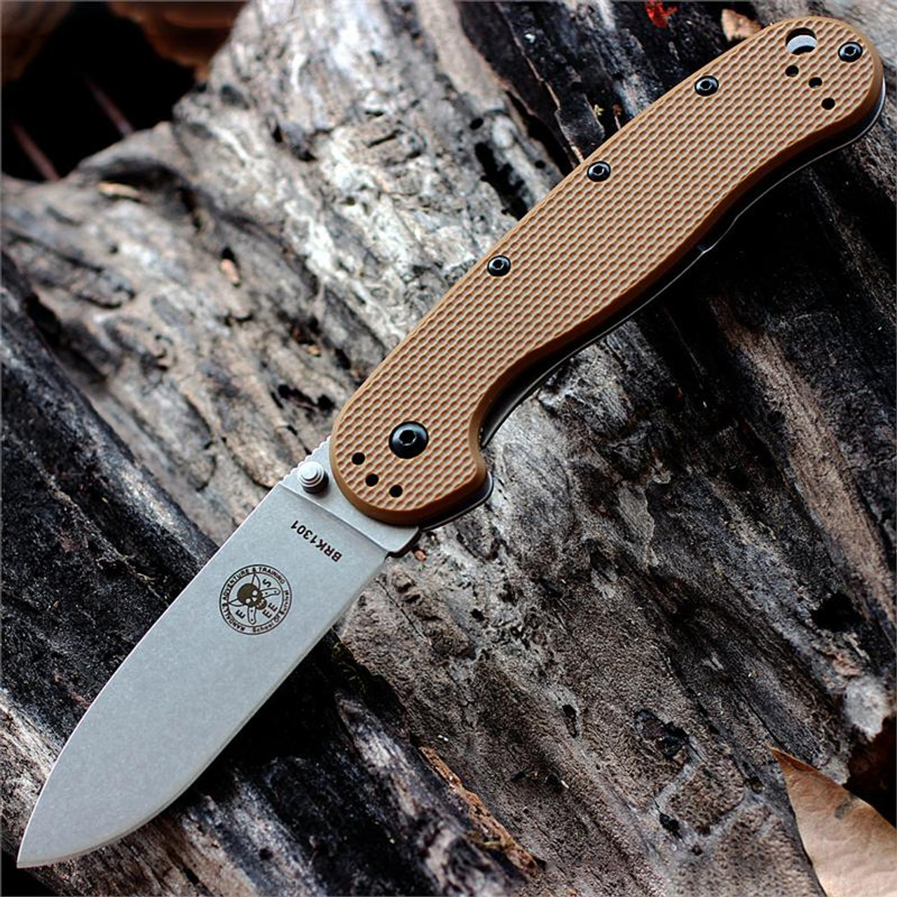 ESEE Avispa Folding Knife (BRK1301CB)- 3.50" Stonewash AUS-8 Drop Point Blade, Coyote Brown Polymer Handle