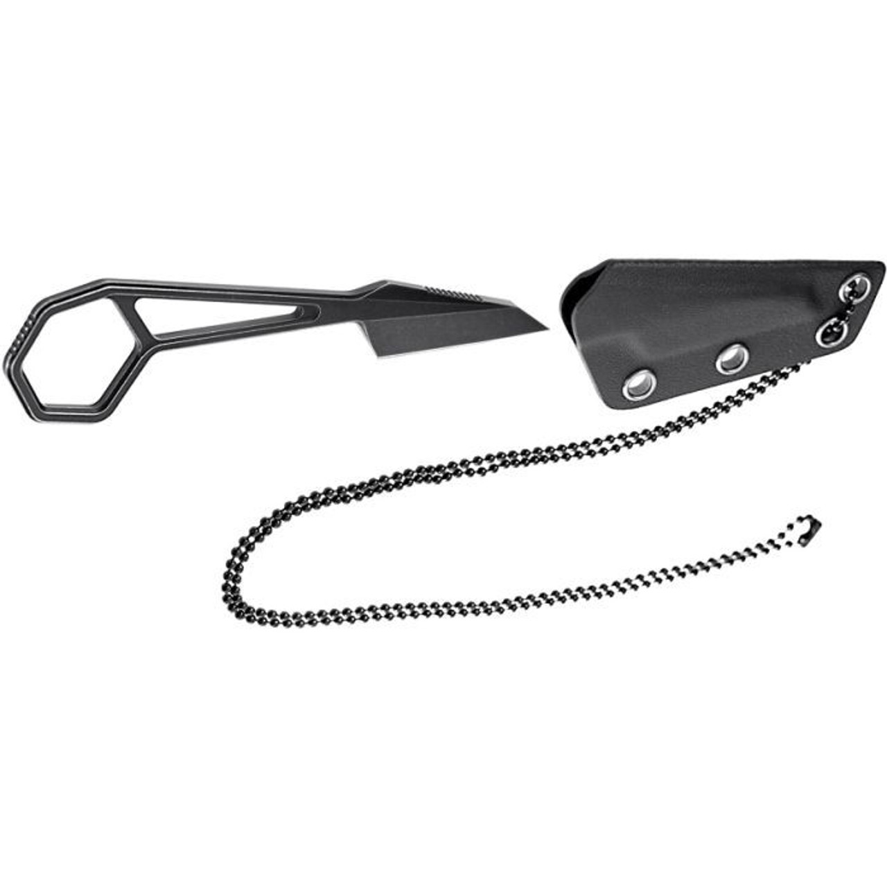 Kansept Hex Neck Knife (G0001A4) 1.9" 14C28N Black TiCn Coated Reverse Tanto Plain Blade, Black 14C28N Steel Handle w/ Finger Ring, Black Kydex Neck Sheath