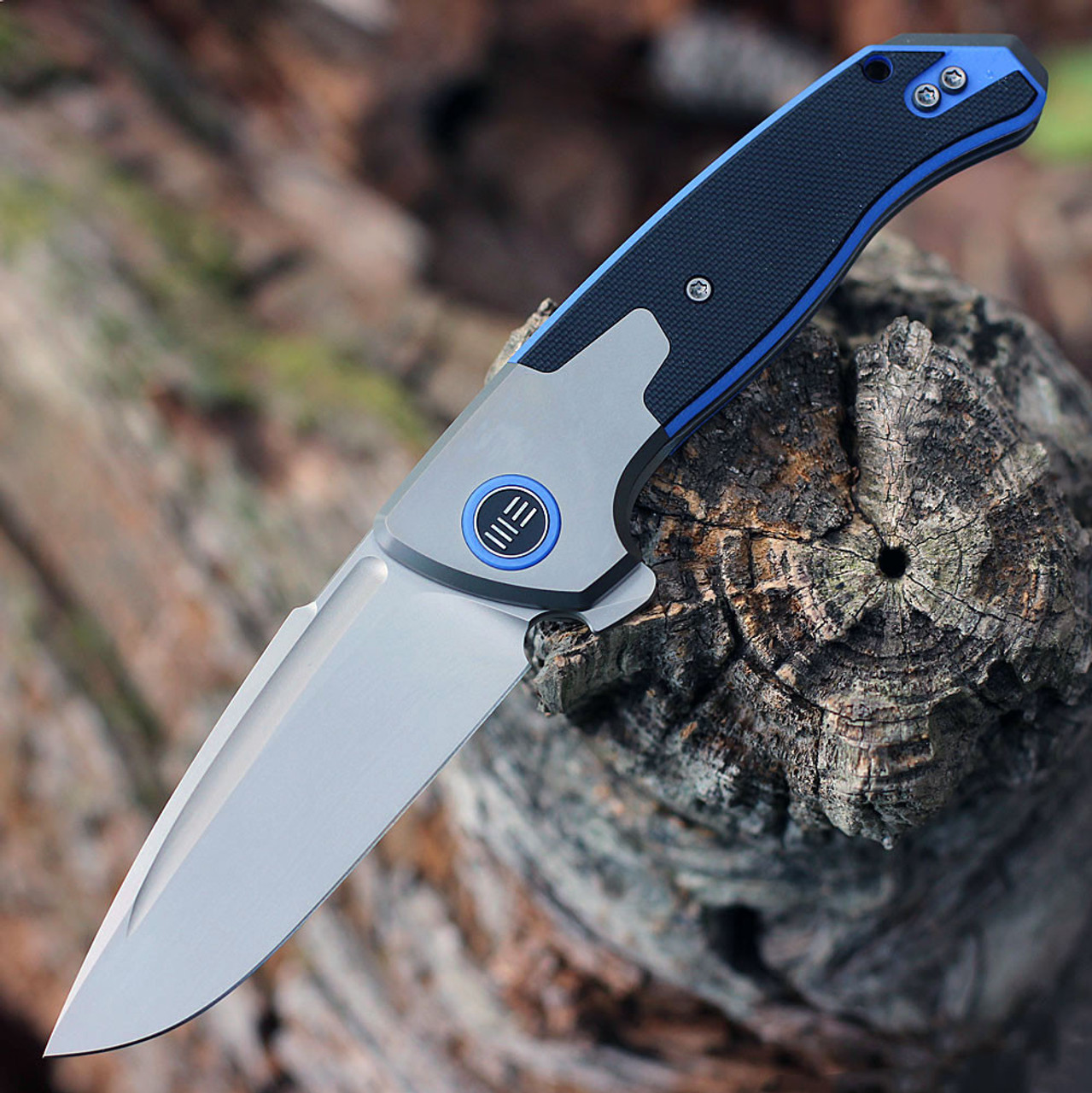 WE Knife Press Check Gray Ti/Blue G10 (3.2" Silver BB Drop Point) WE20078B-2