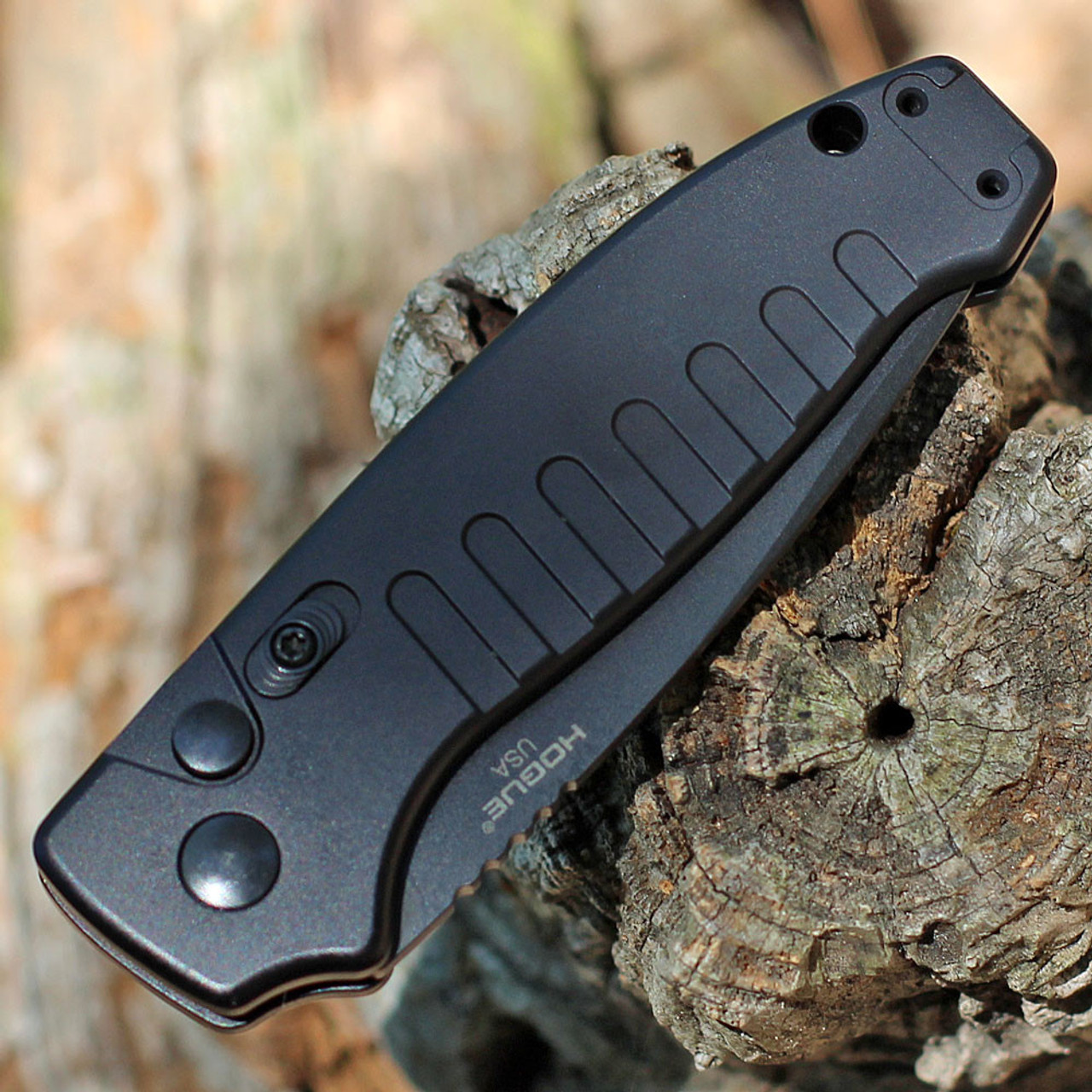 Hogue Ballista I Automatic (HO64130) 3.5" 154CM Black Cerakote Coated Drop Point Plain Blade, Matte Black Aluminum Handle