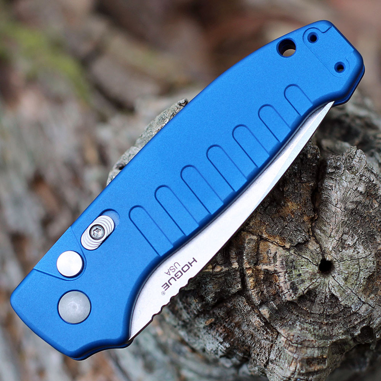 Hogue Ballista I Automatic (HO64133) 3.5" 154CM Stonewashed Drop Point Plain Blade, Blue Aluminum Handle