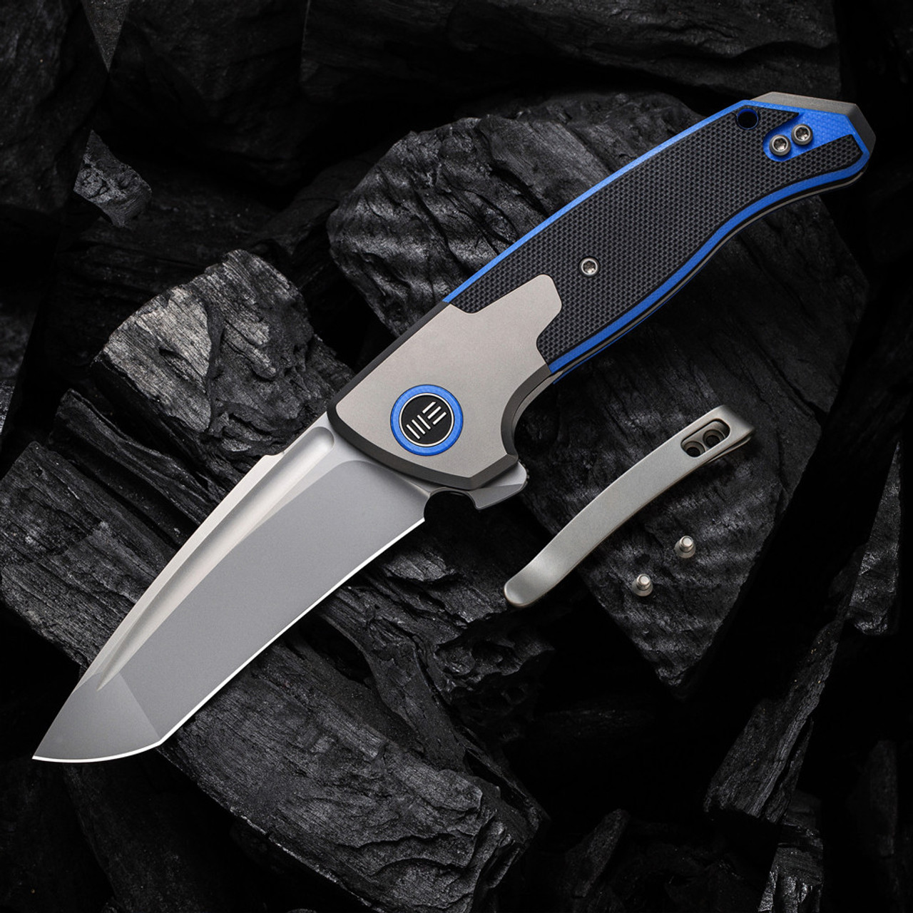 WE Knife Press Check Gray Ti/Blue G10 (3.2" Silver BB Tanto) WE20078A-2