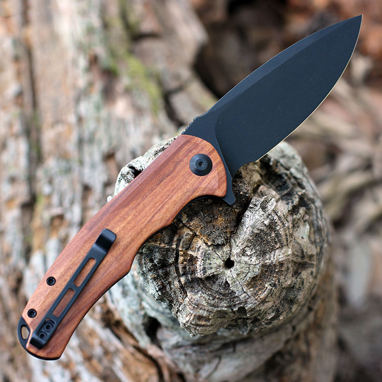 CIVIVI Praxis Folding Knife (C803H)- 3.75" Blackwash 9Cr18MoV Drop Point Blade, Cuibourtia Wood Handle