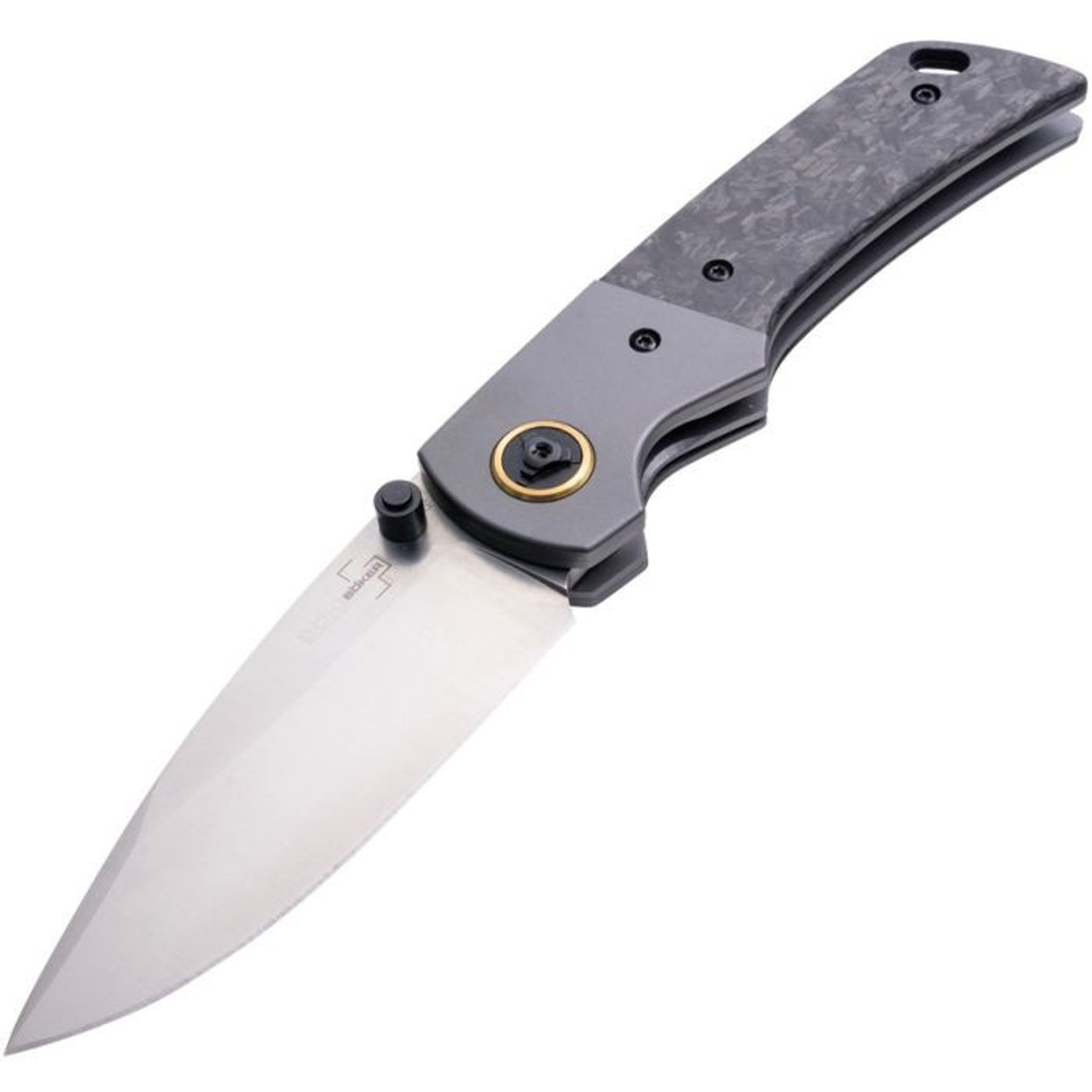 Boker Plus Gulo Pro (01BO177) 3.31" D2 Satin Drop Point Plain Blade, Black Marble Carbon Fiber with Titanium Bolsters