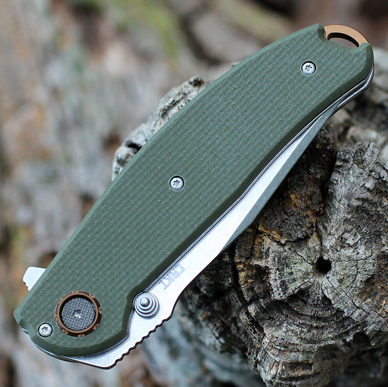 CRKT Butte Deadbolt A/O (CR2471) 3.38" D2 Stonewashed Drop Point Plain Blade, OD Green G-10 Handle