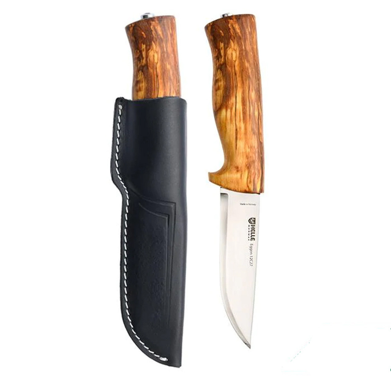 Helle Eggen Fixed Blade - Curly Birch Wood (4" 12C27 Polished) Blk Leather Sheath