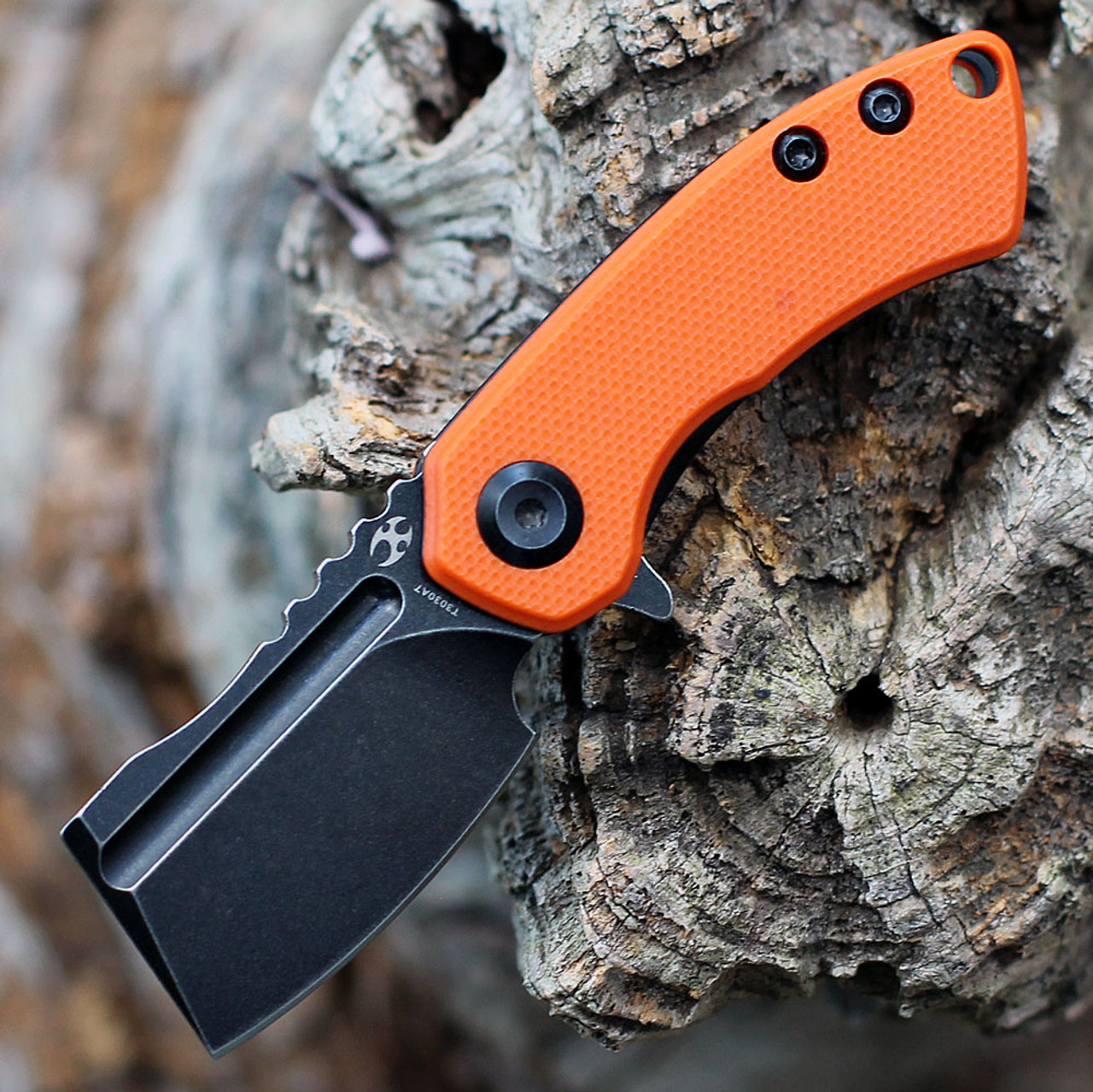 Kansept MINI Korvid (T3030A7) 1.45" 154CM Black TiCn Coated Cleaver Plain Blade, Orange G10 Handle