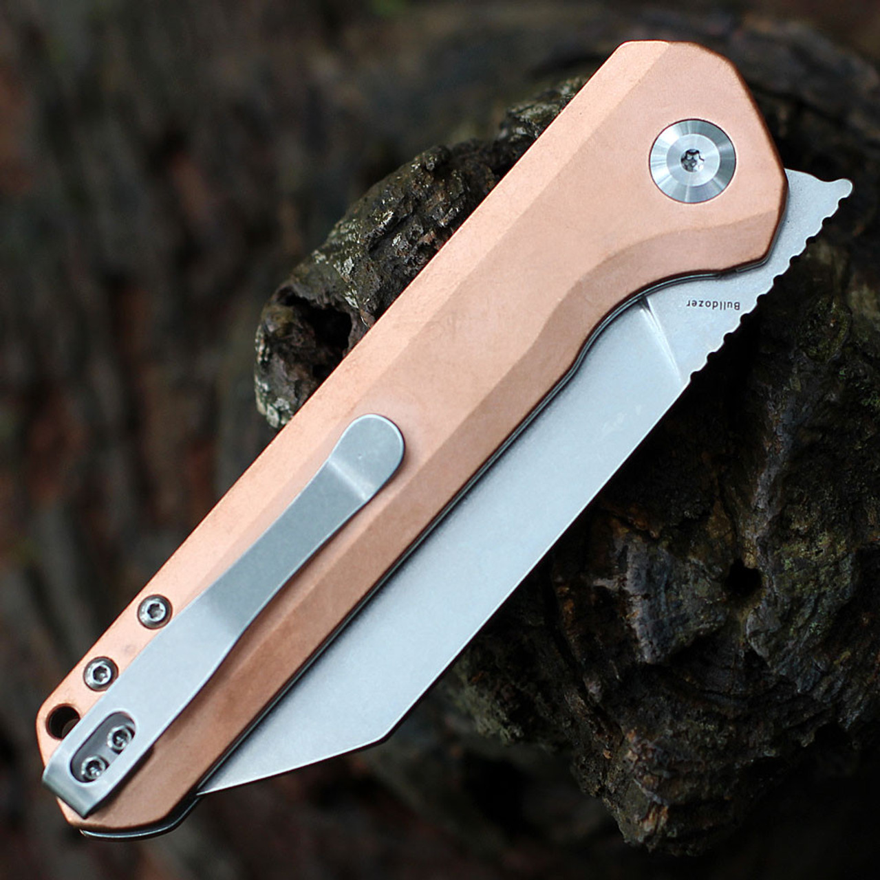 Kansept Bulldozer (K1028B1) 3.53" CPM-S35VN Stonewash Reverse Tanto Plain Blade, Brass Handle