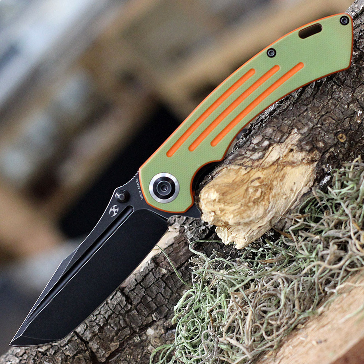 Kansept Pretatout (T1032T2) 3.56" 154CM Blackwashed Drop Point Plain Blade, Lime Green and Orange G-10 Handles