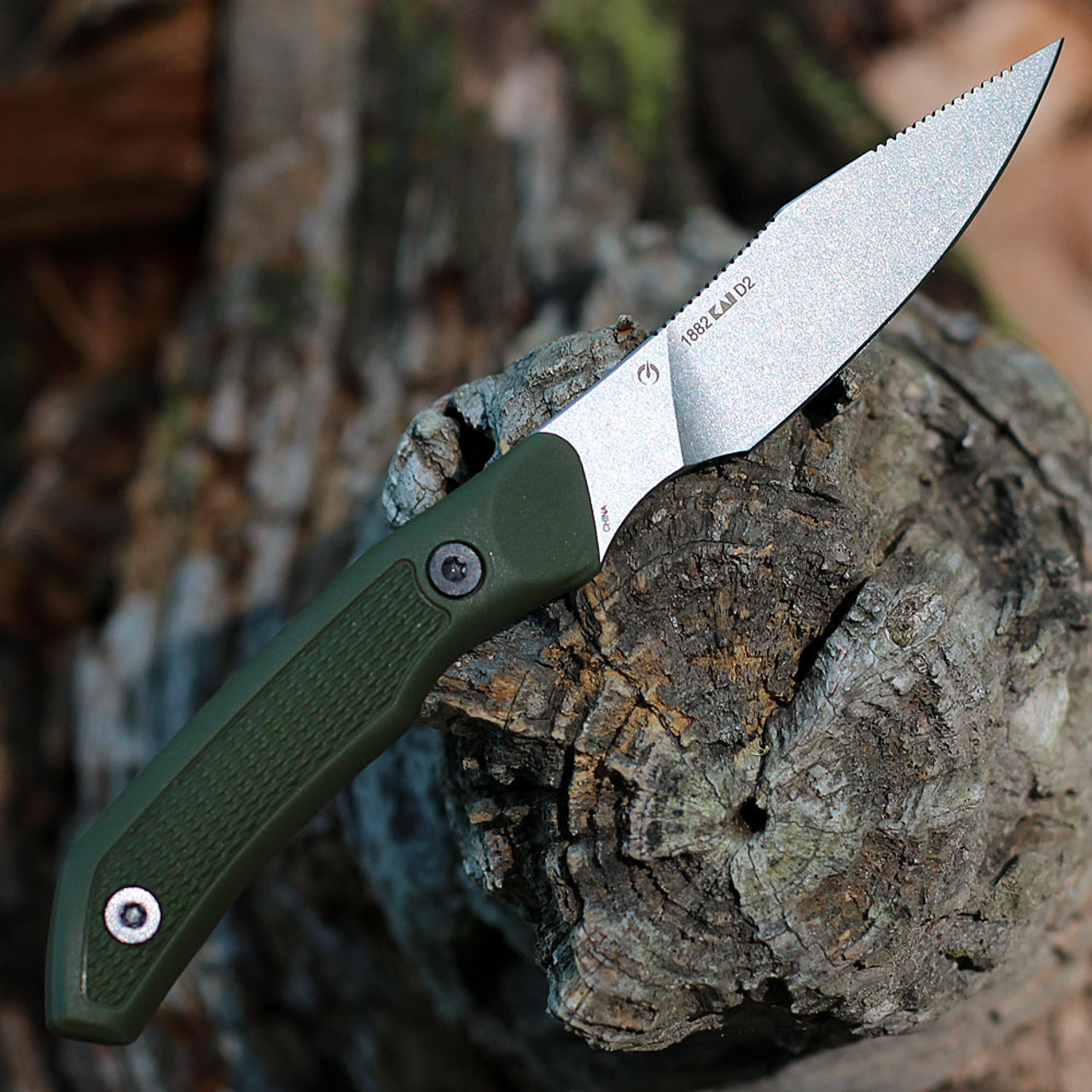 Kershaw Deschutes Caper Fixed Blade Knife (1882)- 3.3" Stonewashed D2 Clip Point Blade, OD Green Rubber Handle