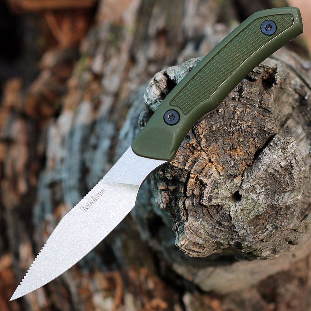 Kershaw Deschutes Caper 1882 fixed blade knife showing the 3.3-inch stonewashed D2 clip point blade.