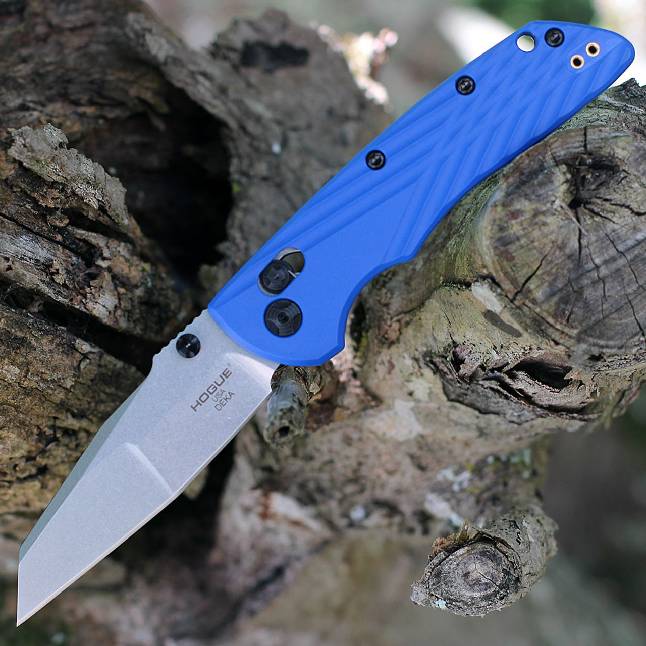 Hogue Deka Manual Folder (HO24363) 3.25" CPM MagnaCut Stonewashed Wharncliffe Plain Blade, Blue Polymer Handle, Ambidextrous ABLE Lock