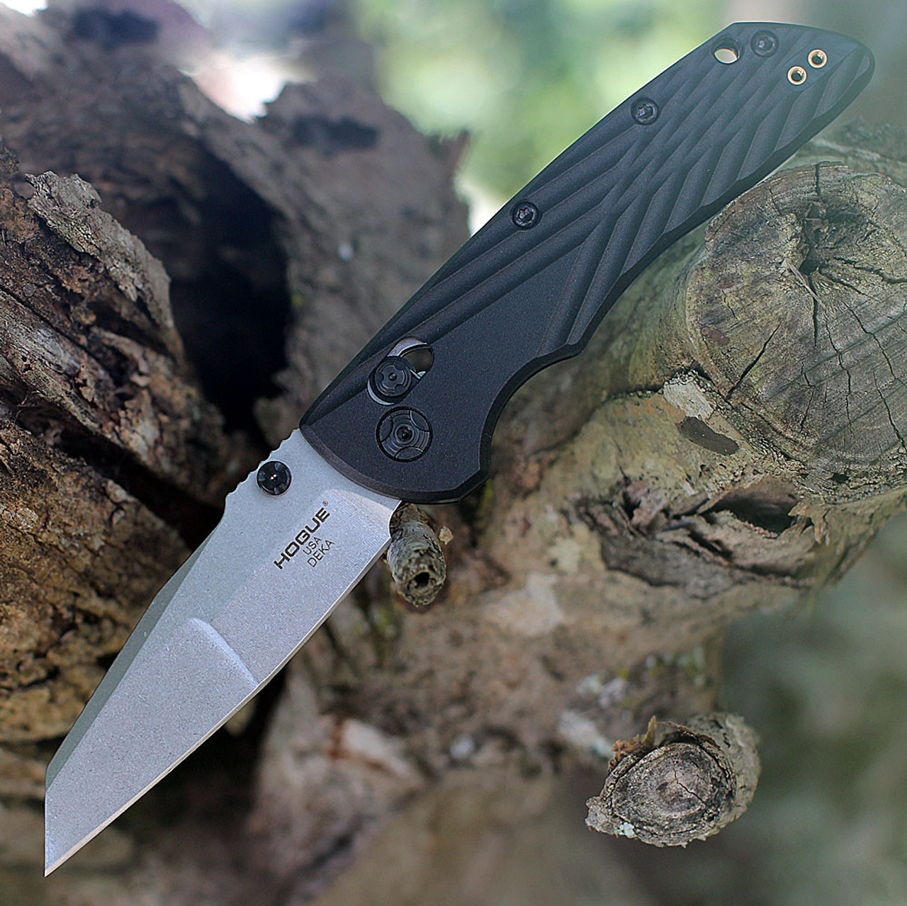 Hogue Deka Manual Folder (HO24369) 3.25" CPM-MagnaCut Stonewashed Wharncliffe Plain Blade, Black Polymer Handle, Ambidextrous ABLE Lock