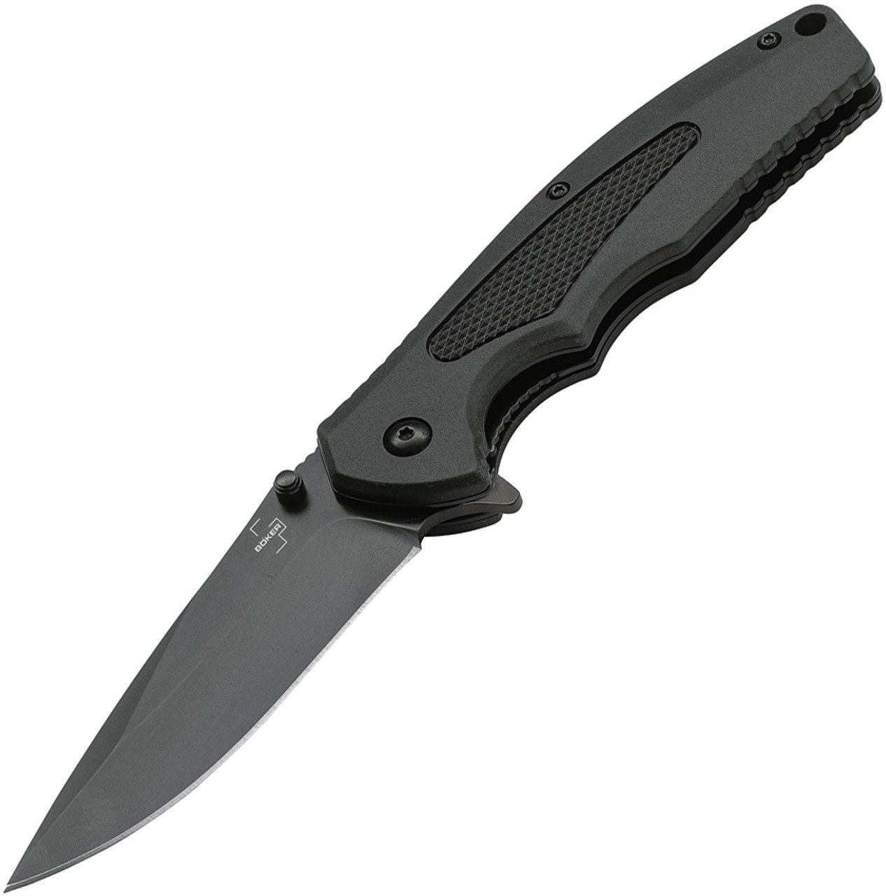 Boker Plus NGA Linerlock Assisted Opening (01BO507) 3.54" D2 Black Drop Point Plain Blade, Black Rubber and Checkered Nylon Inlay Handle