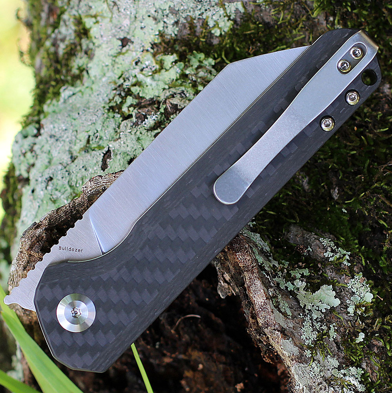 Kansept Bulldozer (K1028C2) 3.56" CPM-S35VN Satin Drop Point Plain Blade, Black Twill Carbon Fiber Handle