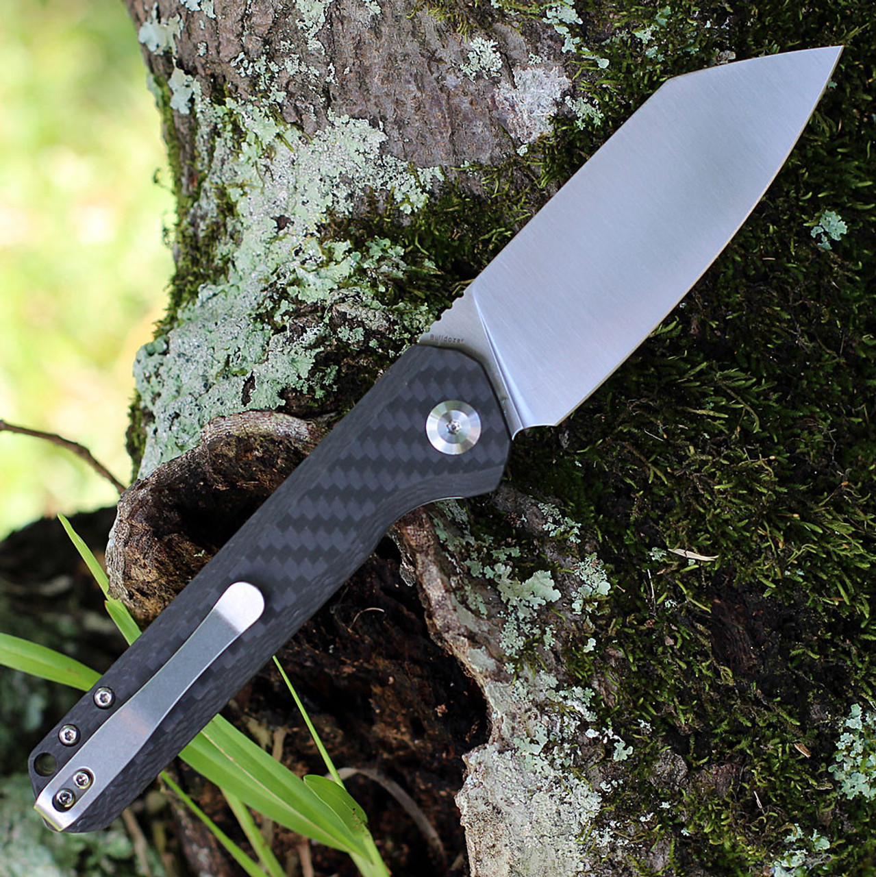 Kansept Bulldozer (K1028C2) 3.56" CPM-S35VN Satin Drop Point Plain Blade, Black Twill Carbon Fiber Handle