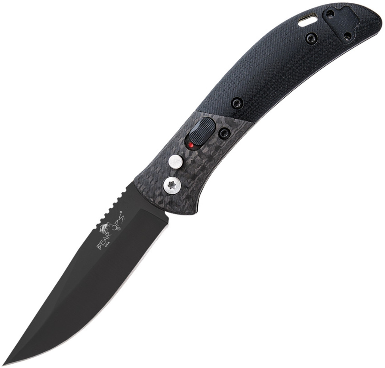 Bear Ops Bold Action IX Button Lock Automatic Knife ( BCAC900B4B) - 2.75" 14C28N Sandvik Black Blade, Carbon Fiber/Black G10 Handle