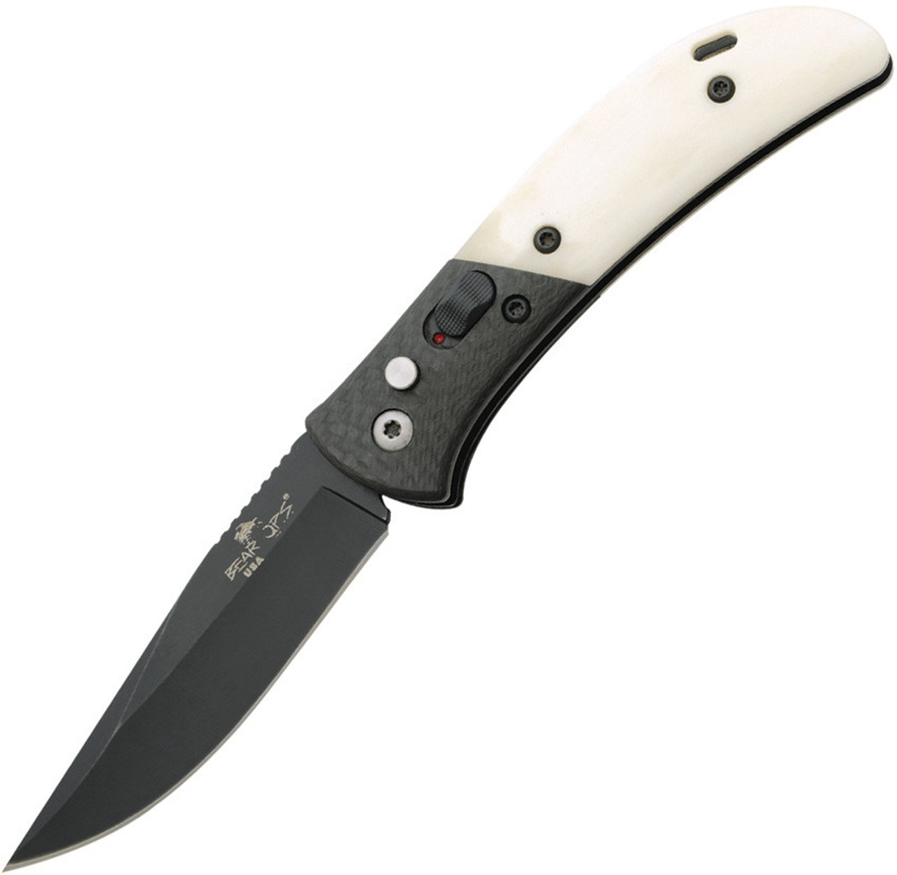 Bear Ops Bold Action IX Button Lock Automatic Knife ( BCAC900WSB6B) - 2.75" 14C28N Sandvik Black Blade, Carbon Fiber/ White Bone Handle
