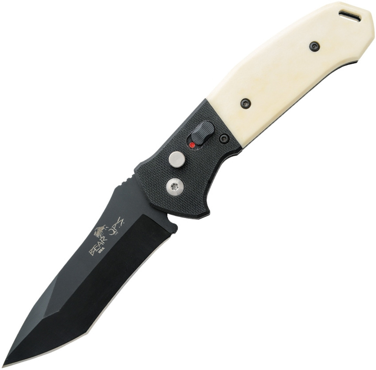 Bear Ops Bold Action V Mini Button Lock Automatic Knife ( BCAC500WSB6B) - 3.13" 14C28N Sandvik Black Blade, Bone/Black G10 Handle