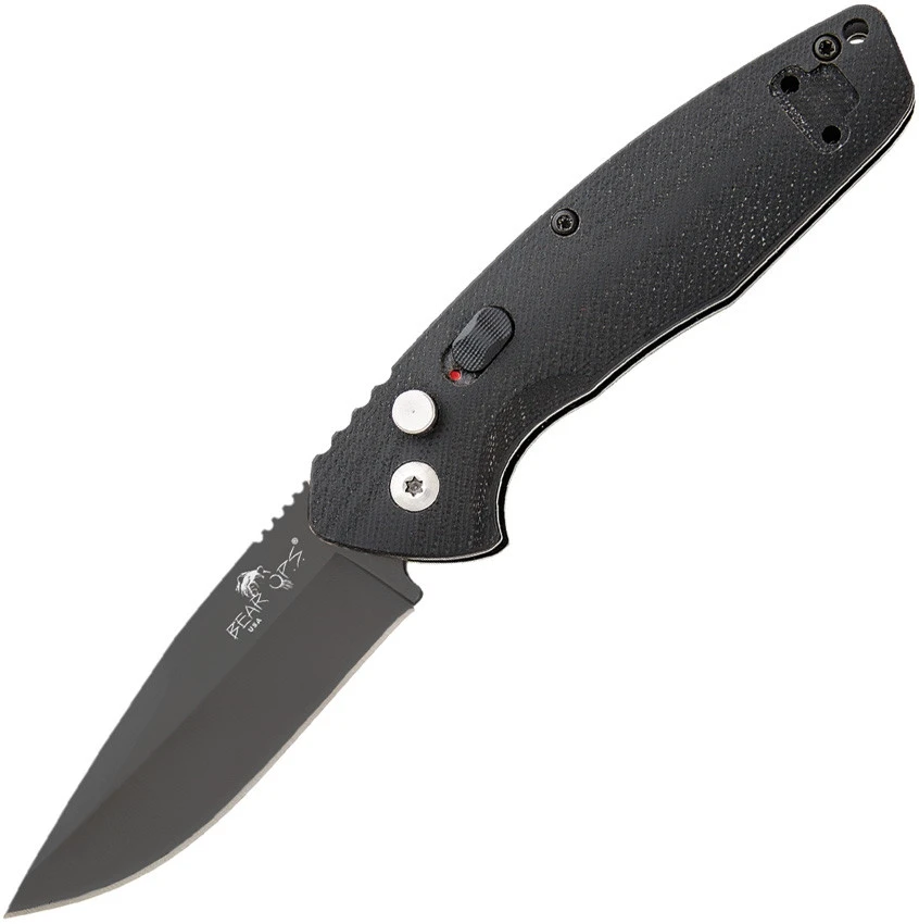 Bear Ops Bold Action X Button Lock Automatic Knife ( BCAC100B4B) - 3" 14C28N Sandvik Black Blade, Black G10 Handle